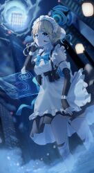 Rule 34 | 1girl, absurdres, apron, blue archive, blue bow, blue bowtie, blue eyes, blue ribbon, bow, bowtie, bun cover, closed mouth, cloud, collar, fingerless gloves, fog, gloves, halo, highres, looking at viewer, maid apron, maid headdress, my0li, night, outdoors, ribbon, solo, standing, toki (blue archive), white apron