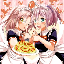 Rule 34 | 10s, 2girls, :d, ahoge, alternate costume, aoba (kancolle), apron, blue eyes, blush, brown eyes, enmaided, food, food writing, gunner (stardustgunner), heart, heart background, kantai collection, ketchup, kinugasa (kancolle), long hair, looking at viewer, maid, maid apron, maid headdress, moe (phrase), multiple girls, omelet, omurice, one eye closed, open mouth, pink hair, ponytail, puff and slash sleeves, puffy sleeves, purple hair, remodel (kantai collection), ribbon, smile
