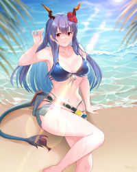 Rule 34 | 1girl, arknights, beach, belt, bikini, blue hair, blue sky, blurry, breasts, ch&#039;en (arknights), ch&#039;en the holungday (arknights), ch&#039;en the holungday (elite ii) (arknights), cleavage, closed mouth, coconut tree, depth of field, dragon horns, dragon tail, flower, front-tie bikini top, front-tie top, grey shorts, hair flower, hair ornament, highres, horns, large breasts, light rays, lingshalan, long hair, looking at viewer, micro shorts, navel, ocean, official alternate costume, outdoors, palm tree, red eyes, rhodes island logo (arknights), sand, shore, shorts, sky, solo, sun, swimsuit, tail, tree, wet
