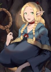 Rule 34 | 1girl, absurdres, alternate breast size, blonde hair, blue capelet, blue robe, braid, breasts, capelet, choker, dungeon meshi, green eyes, highres, holding, holding staff, huge breasts, jim dez, jimdez, long hair, long sleeves, looking at viewer, marcille donato, pointy ears, robe, solo, staff, standing, twin braids, upper body