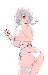 Rule 34 | 1girl, absurdres, ass, azur lane, bare shoulders, bikini, blue choker, blue eyes, breasts, butt crack, catnnn, choker, dead or alive, dead or alive xtreme, food, highres, holding, holding food, holding ice cream, huge breasts, ice cream, looking at viewer, looking back, luna (doa), luna (venus of the beach) (doa), short hair, sideboob, solo, swimsuit, thigh strap, thighs, white background, white bikini, white hair, wristband