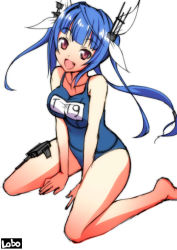 Rule 34 | 10s, 1girl, arm support, blue hair, blush, breasts, hair ribbon, i-19 (kancolle), kantai collection, long hair, medium breasts, one-piece swimsuit, ookami maito, open mouth, red eyes, ribbon, school swimsuit, sitting, smile, solo, swimsuit, twintails, wariza