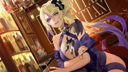 Rule 34 | 1girl, absurdres, animal ears, bar (place), blonde hair, bottle, breasts, chest tattoo, cocktail glass, crossed arms, cup, drinking glass, hair between eyes, hair ornament, highres, indie virtual youtuber, large breasts, long hair, looking at viewer, minerva murasaki, multicolored hair, ponytail, purple eyes, purple hair, shoulder tattoo, sitting, solo, tattoo, two-tone hair, uyuyuun, virtual youtuber