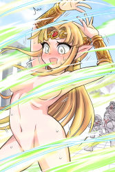 Rule 34 | 1girl, 3boys, blonde hair, blood, blue eyes, blush, boxing gloves, breasts, convenient censoring, day, elf, embarrassed, facial hair, ganondorf, hat, little mac, long hair, magic, mario, mario (series), multiple boys, mustache, navel, nintendo, nosebleed, nude, open mouth, pointy ears, princess zelda, punch-out!!, super mario bros. 1, super smash bros., sweat, the legend of zelda, the legend of zelda: a link between worlds, the legend of zelda: ocarina of time, tiara, triforce earrings, wardrobe malfunction, wizard