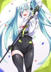 Rule 34 | 1girl, 39, aqua eyes, aqua hair, asymmetrical bodysuit, black bodysuit, black gloves, bodysuit, boots, covered navel, crop top, crop top overhang, cropped jacket, flag, flagpole, flame print, gloves, goodsmile racing, green gloves, hair between eyes, hair ornament, hatsune miku, highres, holding, holding flag, holding pole, jacket, long hair, long sleeves, miku day, open mouth, pole, racing miku, racing miku (2022), showhey!!, simple background, single leg bodysuit, single thigh boot, single thighhigh, skindentation, smiley face, solo, text print, thigh boots, thighhighs, twintails, two-tone gloves, very long hair, vocaloid, white background, white jacket