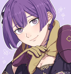 Rule 34 | 1girl, bernadetta von varley, bow, breasts, cleavage, close-up, earrings, fire emblem, fire emblem: three houses, gloves, grey eyes, hair bow, highres, jewelry, looking at viewer, nintendo, peach11 01, purple gloves, purple hair, purple shirt, shirt, short hair, smile, solo, two-tone gloves, yellow gloves