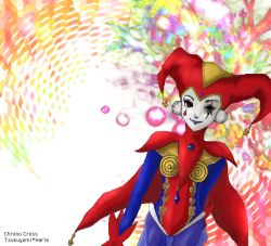 Rule 34 | 1girl, chrono (series), chrono cross, dress, dutch angle, harle (chrono cross), harlequin, hat, jester cap, kagu ya, leotard, looking at viewer, mask, multicolored background, pom pom (clothes), red dress, red leotard, simple background, solo, upper body