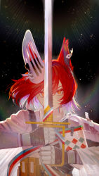 Rule 34 | 1girl, absurdres, animal ears, arknights, chongyou pomelo, closed mouth, commentary request, flametail (arknights), gauntlets, hair between eyes, highres, holding, holding sword, holding weapon, jacket, long sleeves, looking at viewer, orange eyes, red hair, smile, solo, sword, two-handed, upper body, weapon, white jacket