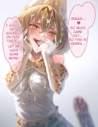Rule 34 | 10s, 1girl, animal ears, blonde hair, blurry, blush, bow, bowtie, breasts, breath, cum, cum on body, cum on clothes, cum on hair, cum on upper body, elbow gloves, facial, gloves, hands on own cheeks, hands on own face, hard-translated, heart, heart-shaped pupils, highres, ishihara (kuniyoshi), kemono friends, looking at viewer, open mouth, penis, print bow, print gloves, saliva, serval (kemono friends), serval print, short hair, solo focus, speech bubble, symbol-shaped pupils, third-party edit, translated, white gloves, yandere trance, yellow eyes