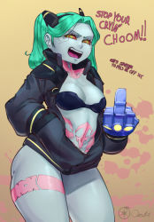 Rule 34 | 1girl, black bra, black jacket, blue skin, bra, breasts, colored sclera, colored skin, cowboy shot, cyberpunk (series), cyberpunk edgerunners, english text, gauntlets, green eyes, green hair, highres, jacket, leg tattoo, long hair, long sleeves, looking at viewer, medium breasts, middle finger, multicolored eyes, open mouth, ourobot, pink background, rebecca (cyberpunk), red eyes, red sclera, solo, standing, tattoo, teeth, text focus, thighs, tongue, twintails, two-tone background, underwear, upper teeth only, yellow background