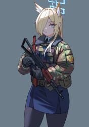 Rule 34 | 1girl, absurdres, animal ear fluff, animal ears, black gloves, black pantyhose, blonde hair, blue archive, blue eyes, blue shirt, blue skirt, camouflage, camouflage jacket, closed mouth, collared shirt, cowboy shot, extra ears, gloves, grey background, gun, hair over one eye, highres, holding, holding gun, holding weapon, jacket, kanna (blue archive), long hair, long sleeves, looking at viewer, pantyhose, shirt, simple background, skirt, soldat (dndosld73832), solo, weapon