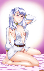 Rule 34 | 1girl, bed, black clover, breasts, female focus, hand on own head, highres, legs, looking at viewer, medium breasts, no panties, noelle silva, pink eyes, purple background, silver hair, simple background, sitting, solo, tenzen, twintails, white background