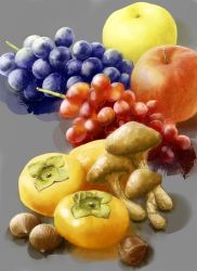 Rule 34 | apple, chestnut, food, food focus, fruit, grapes, grey background, mawaritaira, mushroom, no humans, orange (fruit), original, persimmon, realistic, shadow, simple background, still life