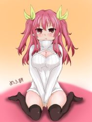 Rule 34 | 10s, 1girl, blush, breasts, cleavage, long hair, open-chest sweater, rakudai kishi no cavalry, red eyes, red hair, ribbon, solo, stella vermillion, sweater, thighhighs