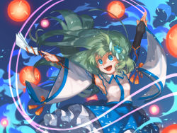 Rule 34 | 1girl, armpits, bad id, bad pixiv id, blue background, blue eyes, blue skirt, bridal gauntlets, collared shirt, danmaku, detached sleeves, frilled skirt, frills, frog hair ornament, gohei, green hair, hair ornament, highres, kochiya sanae, long hair, oonusa, open mouth, outstretched arms, shaded face, shirt, skirt, smile, snake hair ornament, solo, tassel, touhou, upper body, white shirt, wide sleeves, yai (hachihito)