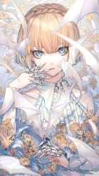 Rule 34 | 1girl, bat (animal), blonde hair, blue eyes, bob cut, braid, buttons, center frills, claw ring, commentary request, crown braid, dress, flower, frills, gradient background, grey background, highres, jewelry, looking at viewer, multiple rings, nemumi no sora, original, ring, short hair, simple background, solo, upper body, white dress, yellow flower