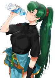 Rule 34 | 1girl, black shirt, blouse, blush, breasts, cowboy shot, drinking, closed eyes, fire emblem, fire emblem: the blazing blade, from side, green hair, high ponytail, highres, large breasts, long hair, lyn (fire emblem), nintendo, ormille, ponytail, shirt, simple background, solo, very long hair, water, wet, wet clothes, wet shirt, white background