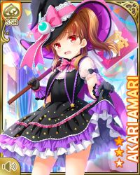 Rule 34 | 1girl, amari akari, black dress, bow, card (medium), classroom, clothes lift, cosplay, crystal ball, day, dress, dress lift, embarrassed, eyeball, girlfriend (kari), hat, holding, multicolored hair, nail polish, official art, patterned legwear, pink bow, qp:flapper, red eyes, red footwear, shoes, side ponytail, sign, skirt, solo, standing, streaked hair, striped clothes, striped thighhighs, thighhighs, witch, zettai ryouiki