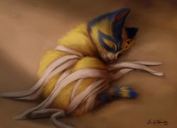 Rule 34 | 1girl, absurdres, animal crossing, animal ears, ankha (animal crossing), bandages, blue fur, cat, cat ears, cat tail, cobra (animal), collar, curled up, closed eyes, full body, fur, gauze, highres, jewelry, mikrenart, nintendo, realistic, red collar, signature, simple background, sleeping, snake, solo, solo focus, striped, tail, uraeus, whiskers, yellow fur
