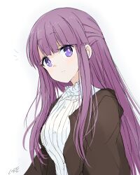 Rule 34 | 1girl, black coat, blunt bangs, closed mouth, coat, commentary request, core (mayomayo), dress, fern (sousou no frieren), highres, looking at viewer, partial commentary, purple eyes, purple hair, simple background, solo, sousou no frieren, upper body, white background, white dress