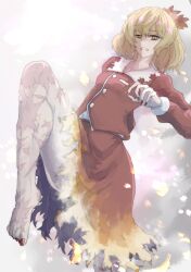 Rule 34 | 1girl, absurdres, aki shizuha, blonde hair, commentary request, hair ornament, highres, indatsukasa, leaf, leaf hair ornament, leg up, long sleeves, parted lips, red nails, red shirt, red skirt, shirt, short hair, skirt, solo, touhou, yellow eyes