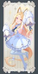 1girl absurdres animal_ear_fluff animal_ears animal_on_arm arm_up armpits bird bird_on_arm blue_archive blush detached_sleeves flower forehead fox_ears fox_girl hair_flower hair_ornament highres long_hair looking_at_viewer nomio open_mouth pantyhose pink_eyes seia_(blue_archive) shoes sidelocks sleeves_past_fingers sleeves_past_wrists striped_clothes striped_pantyhose vertical-striped_clothes vertical-striped_pantyhose white_flower white_pantyhose white_shoes