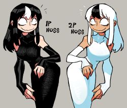 Rule 34 | 2girls, absurdres, alternate color, alternate skin color, bent over, black dress, black hair, black sleeves, detached sleeves, dress, dual persona, eyebrows, highres, mirror image, multicolored hair, multiple girls, noss (rariatto), opposing sides, original, player 2, rariatto (ganguri), ribbed dress, streaked hair, tan, vampire, wavy mouth, white dress, white hair, white sleeves