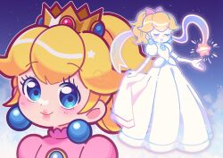 Rule 34 | 1girl, absurdres, artist name, blonde hair, blue background, blue eyes, blush, bow, breasts, brooch, closed eyes, closed mouth, commentary, crown, dress, earrings, elbow gloves, english commentary, eyelashes, flipped hair, flower, full body, gem, gloves, hair bow, heart, highres, jewelry, lipstick, long dress, looking at viewer, makeup, marikyuunn, mario (series), multiple views, nail polish, necklace, night, nintendo, pink dress, pink lips, ponytail, princess peach, princess peach: showtime!, puffy short sleeves, puffy sleeves, short sleeves, signature, sky, small breasts, smile, sphere earrings, standing, star (sky), star (symbol), starry sky, white dress, white gloves