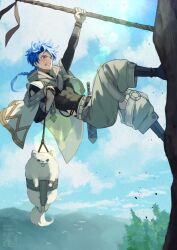 Rule 34 | 1boy, animal, blue hair, blue sky, bodysuit, bodysuit under clothes, bracelet, braid, braided ponytail, capelet, child, climbing, clothing cutout, cu chulainn (fate), dagger, dog, earrings, fate/grand order, fate (series), highres, holding, holding polearm, holding weapon, hood, hooded capelet, jewelry, knife, long hair, looking ahead, looking at viewer, male focus, mountain climbing, muscular, muscular child, outdoors, polearm, puffy pants, puppy, red eyes, samoyed (dog), setanta (fate), sheath, sheathed, sky, solo, teria (teriarian), thigh cutout, weapon, white dog