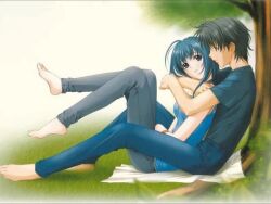 Rule 34 | 1boy, 1girl, artist request, black hair, blue hair, character request, copyright request, from side, grass, grey eyes, happy, long hair, non-web source, on grass, short hair, sitting, smile, tree