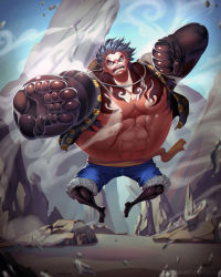 Rule 34 | 1boy, abs, absurdres, black hair, colorized, fighting stance, full body, fur trim, gear fourth, gear fourth: boundman, haki, hat on back, highres, male focus, monkey d. luffy, muscular, oda eiichirou, one piece, sash, scar, short hair, shorts, solo, spoilers, zhang ding