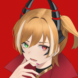 Rule 34 | 1girl, blonde hair, commentary, daiba nana, demon horns, earrings, fake horns, fang, fingernails, green eyes, guyijun, hair between eyes, hand to own mouth, hand up, heterochromia, high collar, highres, hoop earrings, horns, jewelry, looking at viewer, lower teeth only, multicolored hair, nail polish, official alternate costume, parted lips, pink nails, portrait, red background, red eyes, short hair, short twintails, shoujo kageki revue starlight, shoujo kageki revue starlight -re live-, simple background, solo, streaked hair, teeth, twintails, two-tone hair, white hair