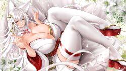 Rule 34 | 1girl, animal ear fluff, animal ears, big hair, blush, breasts, cleavage, curvy, double v, flower, fox ears, fox girl, fox tail, gigantic breasts, green eyes, hair flower, hair ornament, heterochromia, highres, huge breasts, japanese clothes, kimono, kitsune, kyuubi, large tail, looking at viewer, low neckline, multiple tails, obi, original, platform sandals, plunging neckline, red eyes, revealing clothes, sandals, sash, shiny skin, skindentation, smile, solo, tail, thick thighs, thighhighs, thighs, uzura kazuhisa, v, white kimono, white thighhighs, wide hips, wide sleeves
