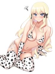Rule 34 | 1girl, absurdres, animal print, arm support, bikini, black bow, blonde hair, blue eyes, bow, breasts, commentary request, cow print, cow print bikini, elbow gloves, gloves, hair bow, highres, long hair, looking at viewer, medium breasts, navel, period (anony 83), pointy ears, princess connect!, print bikini, print gloves, print thighhighs, saren (princess connect!), simple background, sitting, solo, split mouth, swimsuit, thighhighs, white background, white bikini, white gloves, white thighhighs