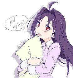 Rule 34 | 1girl, :d, ahoge, alternate costume, asagi501, collared pajamas, commentary request, drop shadow, hair intakes, highres, holding, holding pillow, hugging object, long hair, long sleeves, looking at viewer, open mouth, pajamas, pillow, pink pajamas, pink shirt, pointy ears, purple hair, red eyes, shirt, sidelocks, simple background, smile, solo, speech bubble, sword art online, twitter username, upper body, white background, wing collar, yuuki (sao)