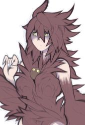 Rule 34 | 1girl, between breasts, bird, breasts, brown hair, feathers, harpy, highres, large breasts, long hair, monster girl, original, owl, solo, tabletorgy, winged arms, wings, yellow eyes
