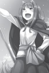 Rule 34 | 1girl, :d, animal ears, arm up, ayakura juu, cape, fang, greyscale, hand on own hip, highres, holding, holding staff, holo, long hair, looking up, monochrome, non-web source, novel illustration, official art, open mouth, outdoors, skirt, sky, smile, solo, spice and wolf, staff, tail, wolf ears, wolf tail