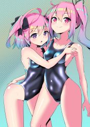 Rule 34 | 2girls, ahoge, azur lane, black one-piece swimsuit, blue hair, breasts, collarbone, color connection, commentary request, commission, competition swimsuit, covered navel, edoara, gradient hair, hair color connection, hair ribbon, harusame (kancolle), highleg, highleg swimsuit, highres, impossible clothes, impossible swimsuit, kantai collection, medium breasts, multicolored hair, multiple girls, one-piece swimsuit, pink hair, pixiv commission, ribbon, saratoga (azur lane), short hair, side ponytail, standing, swimsuit, twintails
