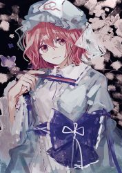 Rule 34 | 1girl, blue bow, blue hat, blue kimono, blue ribbon, bow, closed mouth, commentary, folded fan, folding fan, frilled kimono, frills, gotagotay, hair between eyes, hair ribbon, hand fan, hand up, hat, highres, holding, holding fan, japanese clothes, kimono, long sleeves, looking at viewer, mob cap, pink hair, ribbon, ribbon trim, saigyouji yuyuko, solo, touhou, triangular headpiece, upper body, waist bow, wide sleeves