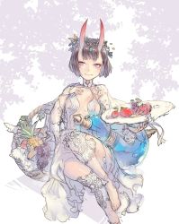 Rule 34 | 1girl, armor, banana, barefoot, blue gemstone, blunt bangs, blush, breasts, breasts apart, choker, closed mouth, commentary request, detached sleeves, eyebrows, eyeshadow, fate/grand order, fate (series), flower, food, fruit, gem, grapes, hair flower, hair ornament, hand on own chest, hands up, hat, head wreath, headpiece, highres, holding, holding clothes, holding hat, horns, jewelry, legs together, long sleeves, makeup, mascara, navel, oni, p!k@ru, pineapple, purple eyes, purple hair, revealing clothes, short hair, shuten douji (fate), sitting, small breasts, smile, solo, straw hat, sun hat, thick eyebrows, turtleneck, unworn hat, unworn headwear, wide sleeves