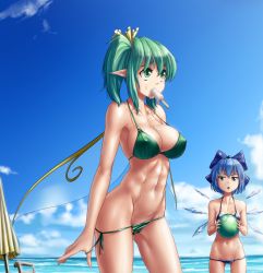Rule 34 | 2girls, abs, ball, beach, beachball, bikini, bikini pull, blue bikini, blue bow, blue eyes, blue hair, bow, breast envy, breasts, cirno, closed umbrella, clothes pull, cloud, collarbone, covered erect nipples, cowboy shot, daiyousei, day, eyebrows, fingernails, food, food on body, food on face, gluteal fold, green bikini, green eyes, green hair, groin, hair bow, hair ribbon, hater (hatater), highres, holding, ice, ice wings, large breasts, long hair, looking at another, looking away, lowleg, lowleg bikini, melting, mouth hold, multiple girls, muscular, muscular female, navel, open mouth, outdoors, pointy ears, popsicle, ribbon, short hair, side-tie bikini bottom, side ponytail, sky, small breasts, standing, strap gap, summer, swimsuit, tan, tanline, thick eyebrows, toned, touhou, triangle mouth, umbrella, water, wings, yellow ribbon