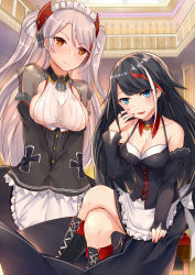 Rule 34 | 2girls, apron, azur lane, bare shoulders, black footwear, black hair, black shirt, black skirt, blue eyes, blush, bobo (6630978), boots, breasts, brown eyes, cleavage, closed mouth, collarbone, commentary request, cross, cross-laced footwear, crossed legs, day, deutschland (azur lane), fingernails, hand to own mouth, headgear, highres, indoors, iron cross, knee boots, lace-up boots, long hair, long sleeves, looking at viewer, maid, medium breasts, multicolored hair, multiple girls, nail polish, parted lips, pillar, pink nails, prinz eugen (azur lane), railing, red hair, see-through, shirt, sideboob, sitting, skirt, sleeveless, sleeveless shirt, sleeves past fingers, sleeves past wrists, smile, streaked hair, sunlight, two side up, very long hair, waist apron, white apron, white hair, white shirt, wide sleeves, window