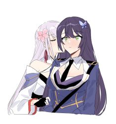 Rule 34 | 2girls, arms at sides, assault lily, bare shoulders, black gloves, black necktie, blue jacket, blush, breasts, butterfly hair ornament, closed eyes, commentary request, covered mouth, criss-cross halter, cropped torso, danji bang, detached collar, epaulettes, flower, full-face blush, funada kiito, funada ui, gloves, green eyes, grey hair, hair between eyes, hair flower, hair ornament, hair ribbon, half gloves, halterneck, hand on another&#039;s arm, hand up, highres, incest, jacket, japanese clothes, kimono, kiss, kissing cheek, korean commentary, long hair, long sleeves, looking away, medium breasts, multiple girls, necktie, one eye covered, parted lips, partially fingerless gloves, pink flower, purple hair, red ribbon, ribbon, siblings, simple background, sisters, sketch, upper body, very long hair, white background, white kimono, wide-eyed, wide sleeves, yuri