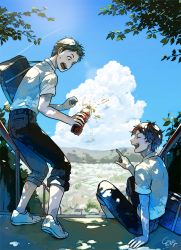 Rule 34 | 2boys, akagi shun, bag, black pants, blue sky, cloud, coca-cola, commentary request, contrail, day, laughing, multiple boys, open mouth, original, outdoors, pants, pointing, sanpaku, school bag, shirt, shoes, signature, sitting, sky, standing, sweatdrop, white footwear, white shirt
