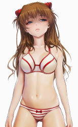Rule 34 | 1girl, artist request, bare legs, bare shoulders, blue eyes, blush, breasts, brown hair, cameltoe, expressionless, highres, k19, lips, long hair, looking to the side, medium breasts, navel, neon genesis evangelion, panties, shiny skin, solo, souryuu asuka langley, standing, striped clothes, striped panties, two side up, underwear, upper body