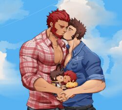 Rule 34 | 2boys, alternate costume, bara, beard, black pants, blue eyes, blue shirt, blue sky, blush, brown hair, cape, character doll, closed eyes, cloud, cloudy sky, collared shirt, commission, contemporary, couple, cowboy shot, cross scar, dark-skinned male, dark skin, denim, doll, epaulettes, facial hair, fate/grand order, fate (series), fringe trim, fur-trimmed cape, fur trim, goatee, grey pants, highres, holding, holding doll, holding hands, interlocked fingers, interracial, iskandar (fate), jacket, jeans, kirovskiii, kiss, large pectorals, leather, leather jacket, long sideburns, male focus, mature male, military, military uniform, multiple boys, muscular, muscular male, napoleon bonaparte (fate), open clothes, open shirt, pants, partially unbuttoned, pectoral cleavage, pectorals, red cape, red hair, red shirt, scar, scar on chest, shirt, shirt rolled up, short hair, sideburns, sky, thick eyebrows, uniform, yaoi