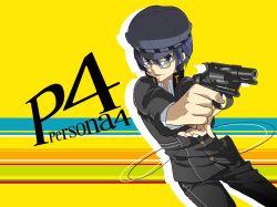 Rule 34 | 1girl, androgynous, atlus, bad id, bad pixiv id, blue-framed eyewear, blue hair, cabbie hat, cable, collared jacket, copyright name, foreshortening, glasses, grey eyes, grey hat, gun, handgun, hat, hiiro (kikokico), holding, houndstooth, jacket, long sleeves, looking at viewer, persona, persona 4, reverse trap, revolver, school uniform, shirogane naoto, short hair, snubnosed revolver, solo, striped, striped background, text focus, weapon, yellow background