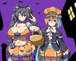 Rule 34 | 2girls, :&lt;, animal ears, bare shoulders, basket, bat (animal), black bow, black hair, black jacket, blanc (neptunia), blue bow, blue cape, blue eyes, blue ribbon, bow, breasts, brooch, brown hair, bubble skirt, building, cape, cat ears, cat tail, choujigen game neptune, collared shirt, commentary request, cowboy shot, crown495, frills, garter straps, hair bow, hand up, hat, hat bow, holding, holding basket, huge breasts, jacket, jewelry, long hair, long sleeves, looking at viewer, midriff, multiple girls, navel, neptune (series), noire (neptunia), one eye closed, orange skirt, outstretched arm, paw print, plump, pumpkin hat, purple background, red eyes, ribbon, scrunchie, shirt, short hair, simple background, skindentation, skirt, smile, stomach, striped, striped bow, tail, thighhighs, twintails, window, wrist scrunchie