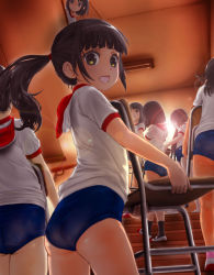 Rule 34 | 6+girls, ass, back, black hair, blush, brown eyes, buruma, carrying, chair, child, commentary request, from behind, gym uniform, higashi tarou, highres, indoors, long hair, looking at viewer, looking back, multiple girls, open mouth, original, shirt, short hair, short sleeves, smile, solo focus, twintails