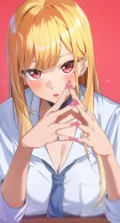 Rule 34 | 1girl, :o, barbell piercing, black choker, blonde hair, blue necktie, blush, breast rest, breasts, choker, cleavage, collared shirt, ear piercing, fake nails, gyaru, highres, industrial piercing, jewelry, kitagawa marin, large breasts, long hair, necktie, open mouth, piercing, pink nails, pinky ring, raised eyebrows, red background, red eyes, reulem, ring, shirt, sono bisque doll wa koi wo suru, straight hair, upper body, white shirt